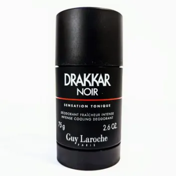 A black cylindrical container of Drakkar Noir deodorant by Guy Laroche, labeled "Sensation Tonique," with a net weight of 75g (2.6 oz).