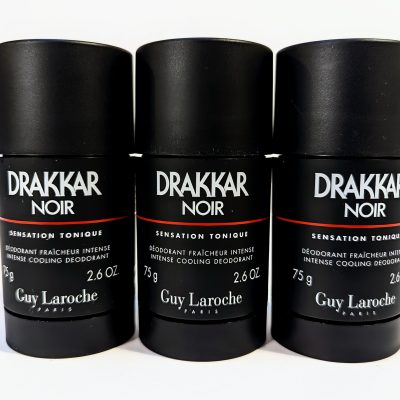 Three black 75g containers of Drakkar Noir Intense Cooling Deodorant by Guy Laroche are aligned side by side, showcasing the front labels.