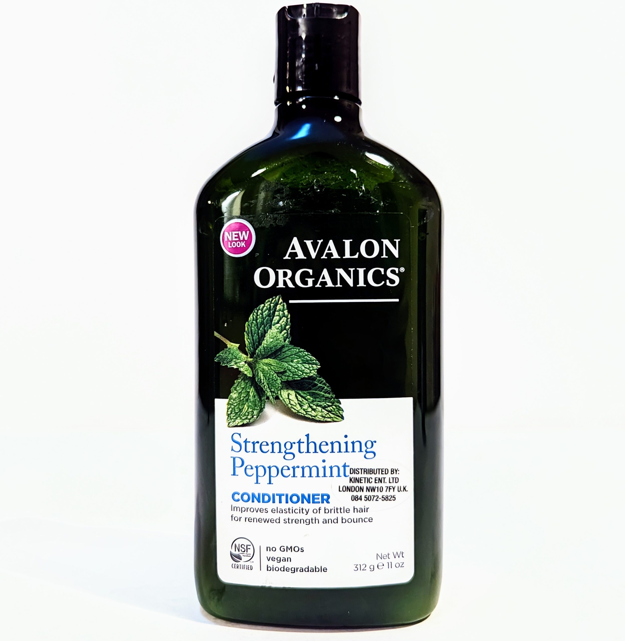 A bottle of Avalon Organics Strengthening Peppermint Conditioner with a new look label, claiming to improve elasticity of brittle hair. The bottle is green and contains 11 oz (312 g).