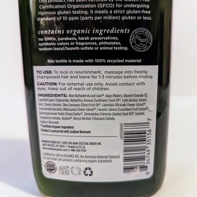 Back label of Avalon Organics Gluten-Free Cucumber Conditioner featuring usage instructions, ingredient list, certification seals, company contact info, and a barcode.