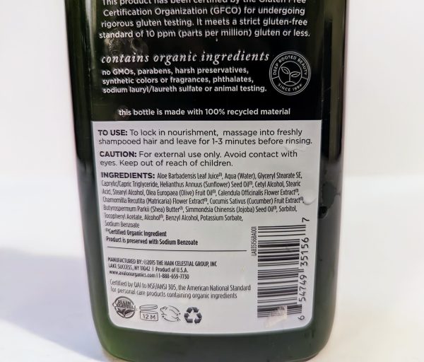 Back label of Avalon Organics Gluten-Free Cucumber Conditioner featuring usage instructions, ingredient list, certification seals, company contact info, and a barcode.