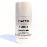 A white Lacoste Match Point deodorant stick with black text and logo, weighing 2.4 oz (70 g), displayed against a plain white background.