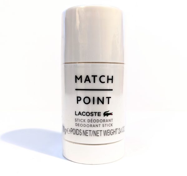 A white Lacoste Match Point deodorant stick with black text and logo, weighing 2.4 oz (70 g), displayed against a plain white background.