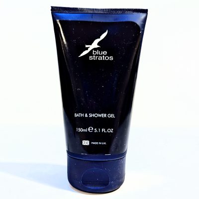 A 150ml bottle of Blue Stratos Bath & Shower Gel is shown. The bottle is dark blue with a logo and text in white.