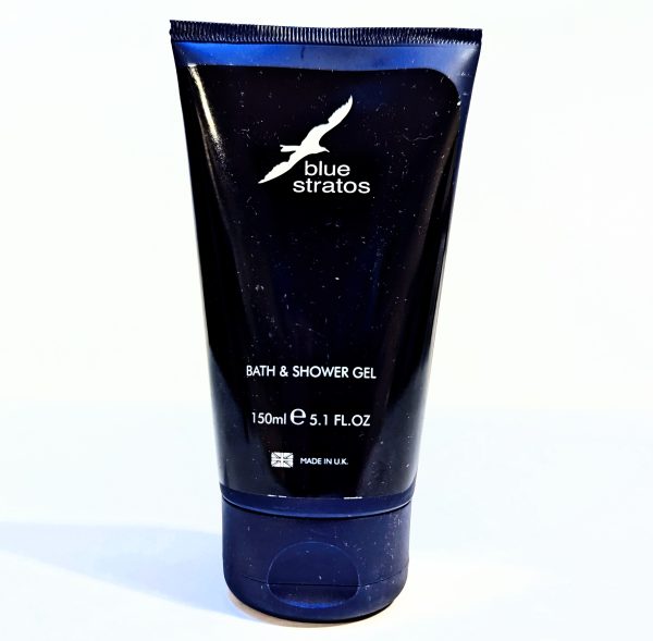 A 150ml bottle of Blue Stratos Bath & Shower Gel is shown. The bottle is dark blue with a logo and text in white.