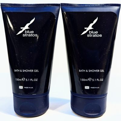 Two dark blue tubes of Blue Stratos Bath & Shower Gel, each containing 150 ml (5.1 fl oz) of product.