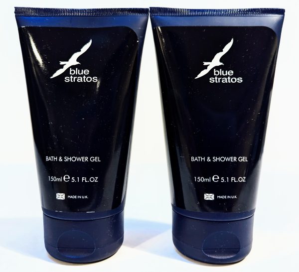 Two dark blue tubes of Blue Stratos Bath & Shower Gel, each containing 150 ml (5.1 fl oz) of product.