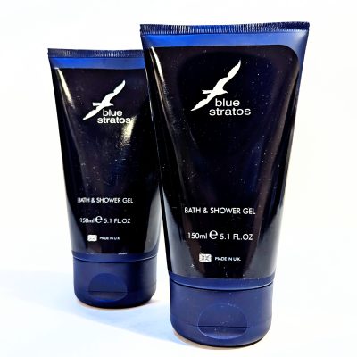 Two Blue Stratos Bath & Shower Gel tubes, each labeled 150ml (5.1 fl. oz), with dark blue packaging and white text, positioned against a plain white background.