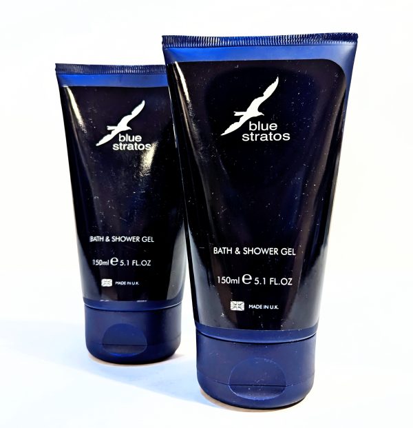 Two Blue Stratos Bath & Shower Gel tubes, each labeled 150ml (5.1 fl. oz), with dark blue packaging and white text, positioned against a plain white background.