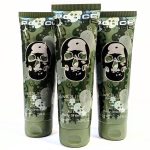 Three green camouflage-themed tubes of Police Body Shaper 3D gel. Each tube displays a large skull graphic and contains 3.4 fluid ounces (100 mL) of product.