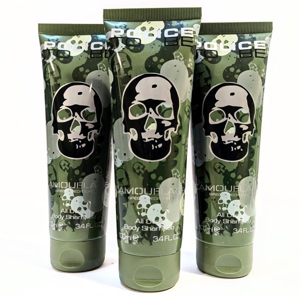 Three green camouflage-themed tubes of Police Body Shaper 3D gel. Each tube displays a large skull graphic and contains 3.4 fluid ounces (100 mL) of product.