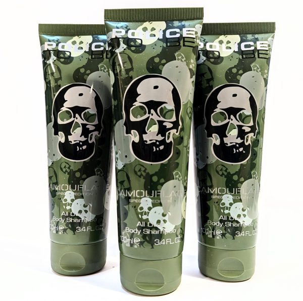Three green camouflage-themed tubes of Police Body Shaper 3D gel. Each tube displays a large skull graphic and contains 3.4 fluid ounces (100 mL) of product.