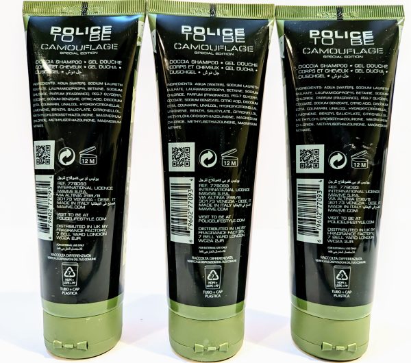 Three tubes of Police Camouflage shower gel with green caps and black labels, arranged in a row. The labels display product information and QR codes.