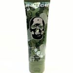 A green tube of Police Camouflage shower gel with a skull design on the front, containing 100 ml (3.4 fl oz).