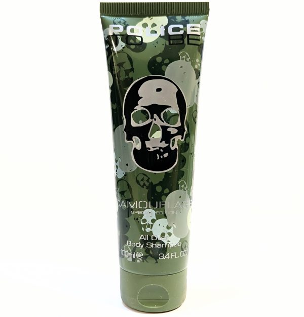 A green tube of Police Camouflage shower gel with a skull design on the front, containing 100 ml (3.4 fl oz).