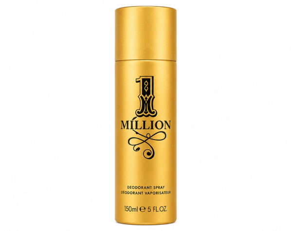 A 150ml gold cylindrical can of Paco Rabanne 1 Million Deodorant Spray, featuring black text and a decorative design on a white background. A 150ml gold cylindrical can of Paco Rabanne 1 Million Deodorant Spray, featuring black text and a decorative design on a white background.