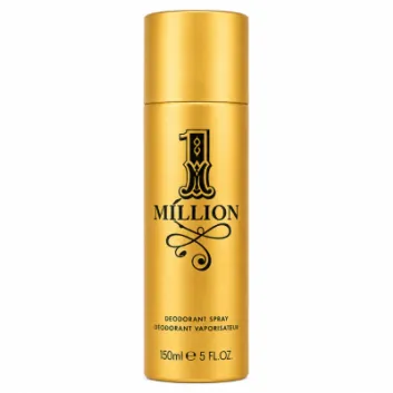 A 150ml gold cylindrical can of Paco Rabanne 1 Million Deodorant Spray, featuring black text and a decorative design on a white background.