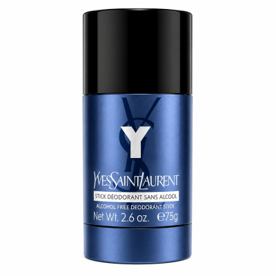 A Yves Saint Laurent Y Deodorant Stick, 75ml, alcohol-free, in blue stands upright on a white background.