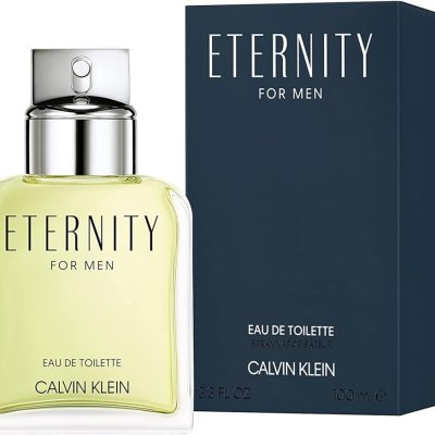 A 150ml can of Calvin Klein's "Eternity for Men" deodorant body spray is shown beside its dark blue packaging box.