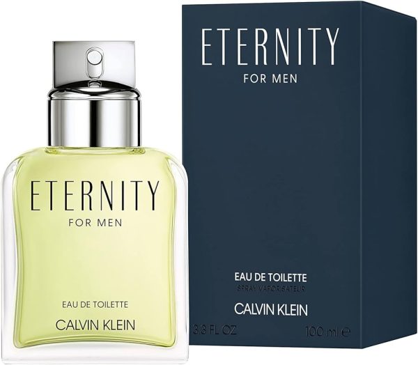 A 150ml can of Calvin Klein's "Eternity for Men" deodorant body spray is shown beside its dark blue packaging box.