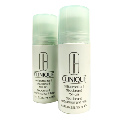 Two 2.5 fl oz (75 ml) bottles of Clinique anti-perspirant deodorant roll-on with green caps and white labels.
