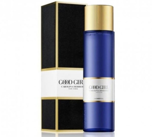 A blue cylindrical shower gel bottle with a gold cap labeled "Carolina Herrera Good Girl Shower Gel for her 200ml" stands next to its matching black and gold box.