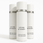 Three 100ml bottles of Issey Miyake L'eau D'Issey Deodorant Spray for Women are arranged upright against a white background.