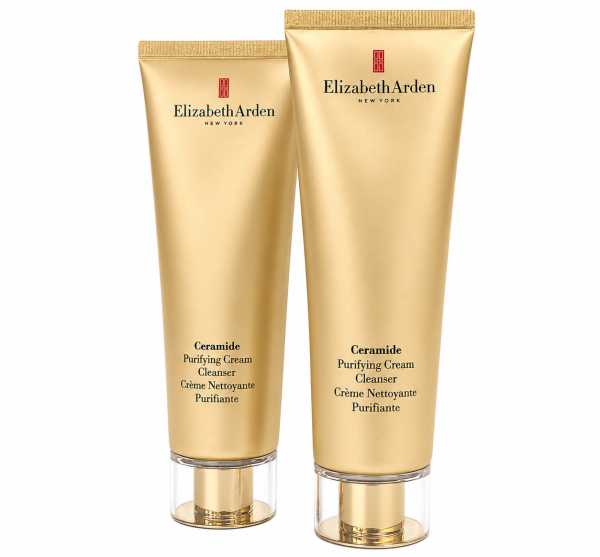 Two gold tubes of 2x Elizabeth Arden Ceramide Purifying Cream Cleanser, 125ml with clear caps are displayed upright against a white background, showcasing the signature elegance of Elizabeth Arden skincare.