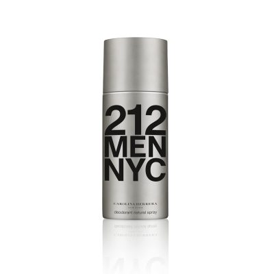 A silver cylindrical bottle labeled "212 Men NYC" with "Carolina Herrera" printed below, containing 150ml of Carolina Herrera 212 Men Deodorant Spray.