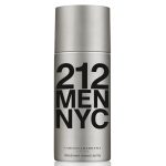 A silver cylindrical bottle labeled "212 Men NYC" with "Carolina Herrera" printed below, containing 150ml of Carolina Herrera 212 Men Deodorant Spray.