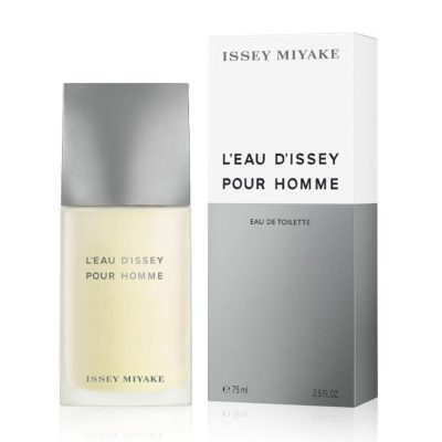 A bottle of Issey Miyake L'Eau d'Issey Pour Homme Eau de Toilette 125ml Spray standing next to its box.