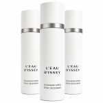 Three bottles of Issey Miyake L'eau D'issey 100ml Deodorant Spray for Women are arranged upright against a white background.