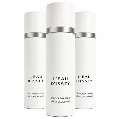 Three bottles of Issey Miyake L'eau D'issey 100ml Deodorant Spray for Women are arranged upright against a white background.