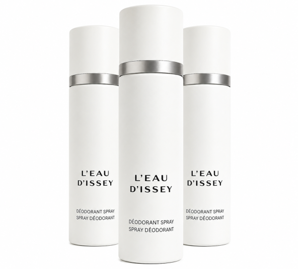 Three bottles of Issey Miyake L'eau D'issey 100ml Deodorant Spray for Women are arranged upright against a white background.