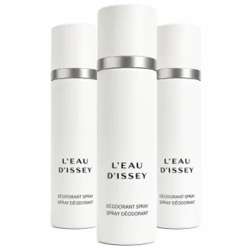 Three bottles of Issey Miyake L'eau D'issey 100ml Deodorant Spray for Women are arranged upright against a white background.