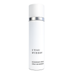 A white cylindrical bottle of Issey Miyake L’eau D’Issey 100ml Deodorant Spray for Women, featuring a metallic band near the top, is displayed on a plain white background.
