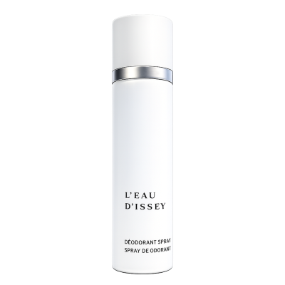 A white cylindrical bottle of Issey Miyake L’eau D’Issey 100ml Deodorant Spray for Women, featuring a metallic band near the top, is displayed on a plain white background.