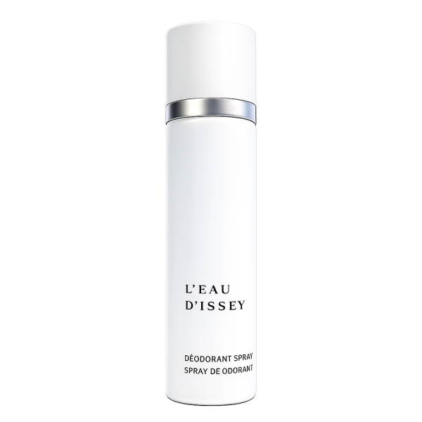 A white cylindrical bottle of Issey Miyake L’eau D’Issey 100ml Deodorant Spray for Women, featuring a metallic band near the top, is displayed on a plain white background.