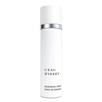 A white cylindrical bottle of Issey Miyake L’eau D’Issey 100ml Deodorant Spray for Women, featuring a metallic band near the top, is displayed on a plain white background.