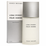 A bottle of Issey Miyake L'Eau d'Issey Pour Homme Eau de Toilette 125ml Spray is placed in front of its coordinating silver and white box.