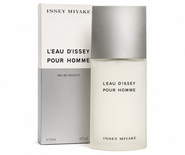 A bottle of Issey Miyake L'Eau d'Issey Pour Homme Eau de Toilette 125ml Spray is placed in front of its coordinating silver and white box.