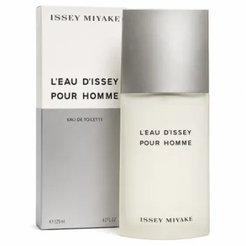 A bottle of Issey Miyake L'Eau d'Issey Pour Homme Eau de Toilette 125ml Spray is placed in front of its coordinating silver and white box.