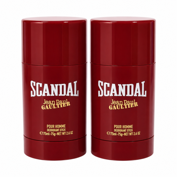 Two Jean Paul Gaultier Scandal Pour Homme 75ml deodorant sticks for men are placed side by side against a white background.