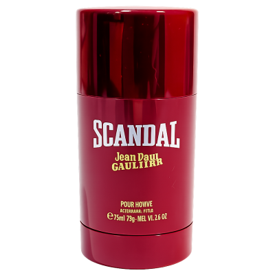 A red cylindrical stick of Jean Paul Gaultier Scandal Pour Homme Deodorant for Men, 75ml size, featuring product details printed in white and gold on the front.