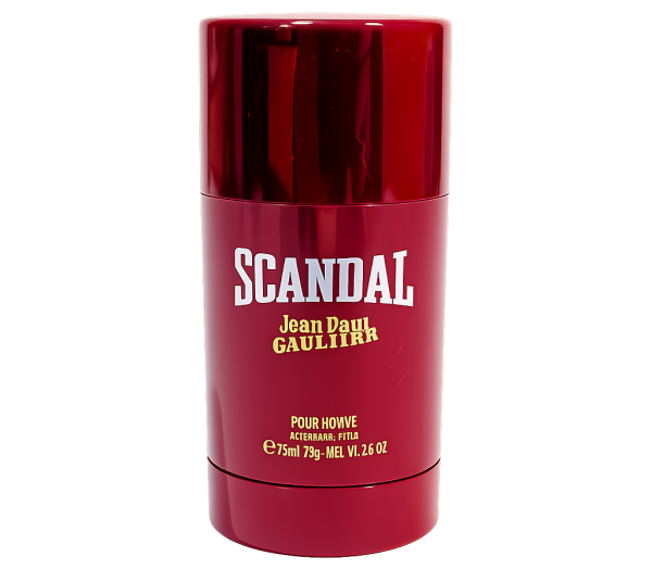 A red cylindrical stick of Jean Paul Gaultier Scandal Pour Homme Deodorant for Men, 75ml size, featuring product details printed in white and gold on the front.