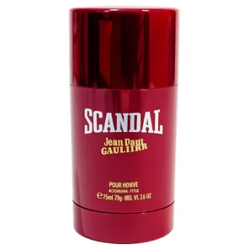 A red cylindrical stick of Jean Paul Gaultier Scandal Pour Homme Deodorant for Men, 75ml size, featuring product details printed in white and gold on the front.