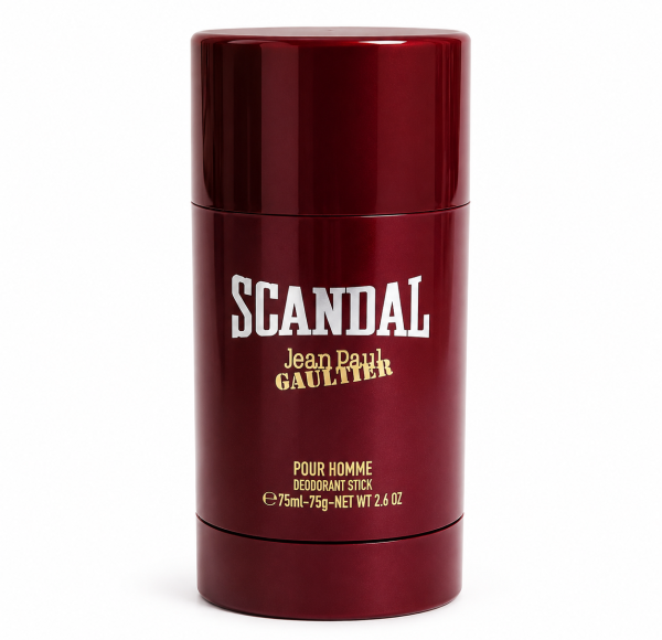 A Jean Paul Gaultier Scandal Pour Homme 75ml Deodorant Stick for Men, in a red cylindrical form, standing upright on a white background.