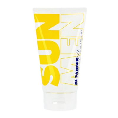 A package of Jil Sander Sun Men Fizz Body Shampoo Shower Gel, 150ml each, featuring a white container adorned with bold yellow lettering and a distinct blue logo.