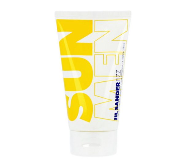 A package of Jil Sander Sun Men Fizz Body Shampoo Shower Gel, 150ml each, featuring a white container adorned with bold yellow lettering and a distinct blue logo.