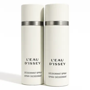 Two white cylinders of Issey Miyake L’eau D’Issey 100ml deodorant spray for women stand side by side against a plain background.